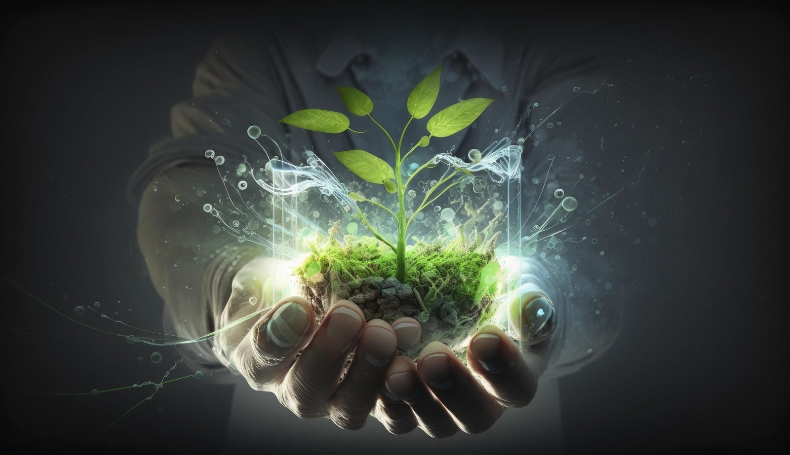 Hands nurturing a growing plant, surrounded by patterns of knowledge and connection.